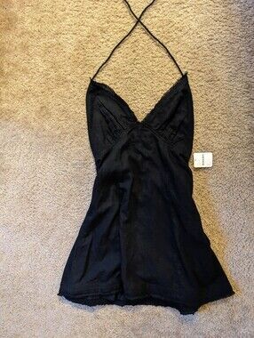 NWT Free People Black Halter Dress With Ram Hem And Tie Back Size Small